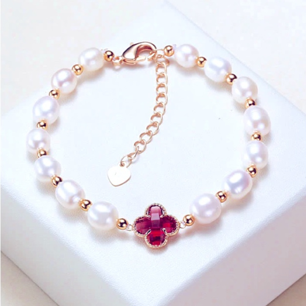 Elegant Pearl & Gold Bracelet with Red Clover Charm